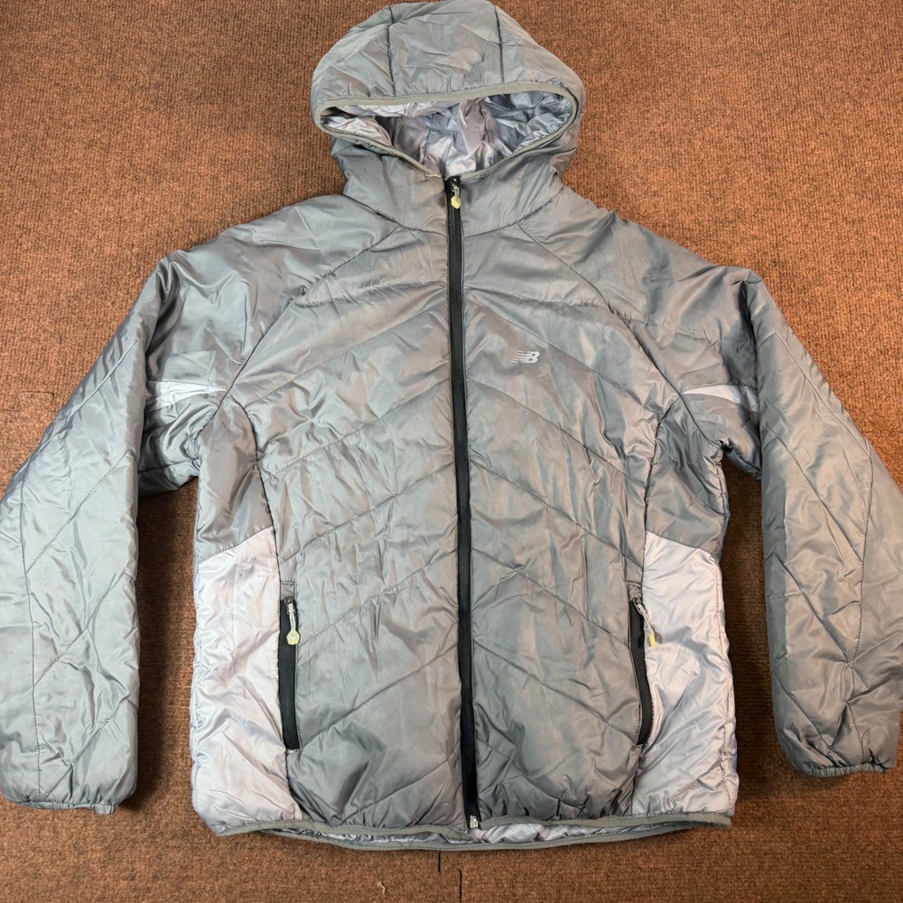 New Balance Puffer Jacket Womens Large Gray Hooded Quilted Insulated RN130892